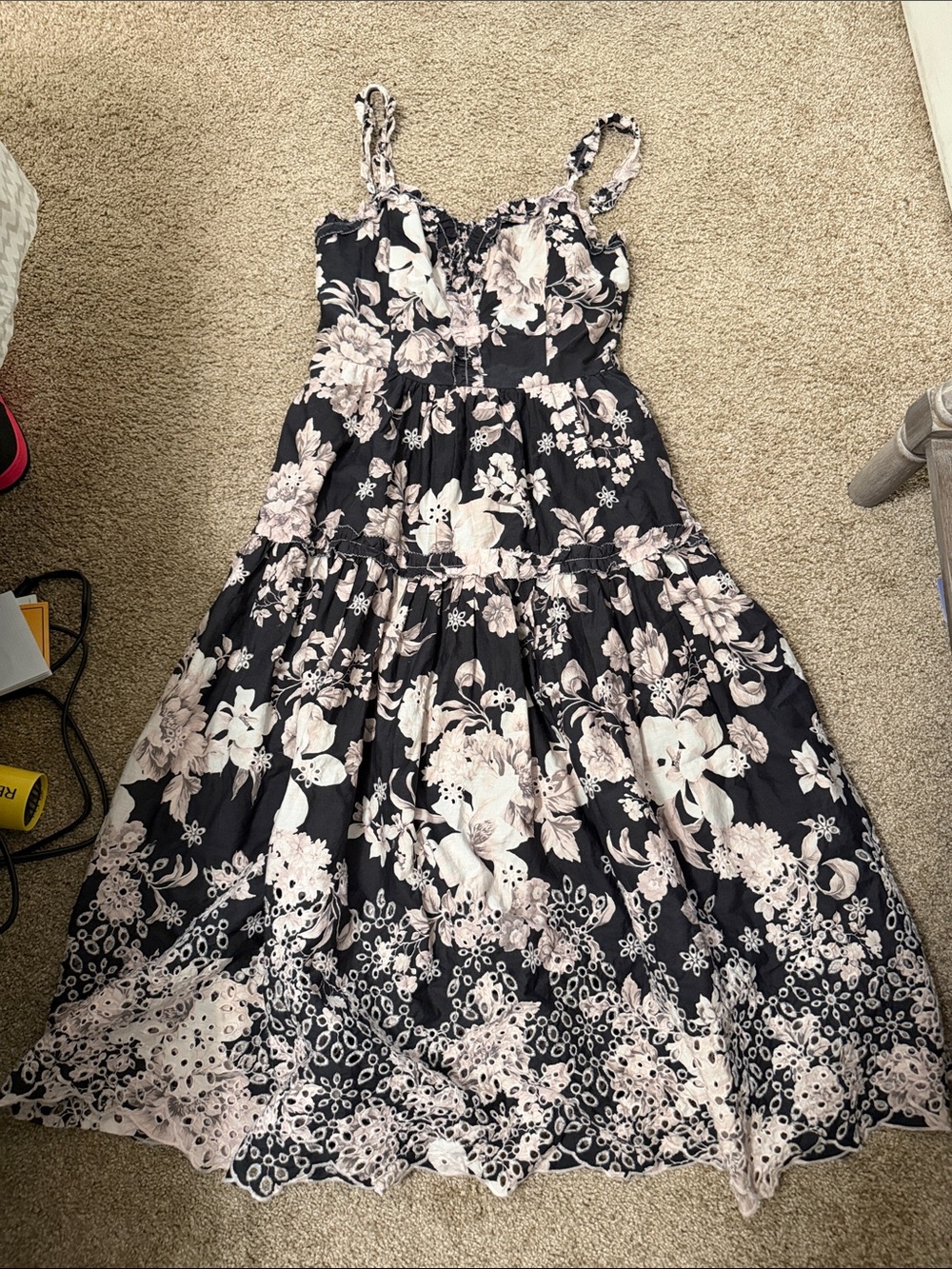 Anthropologie midi dress cap navy Floral Tiered Sundress with Pale Pink Blooms